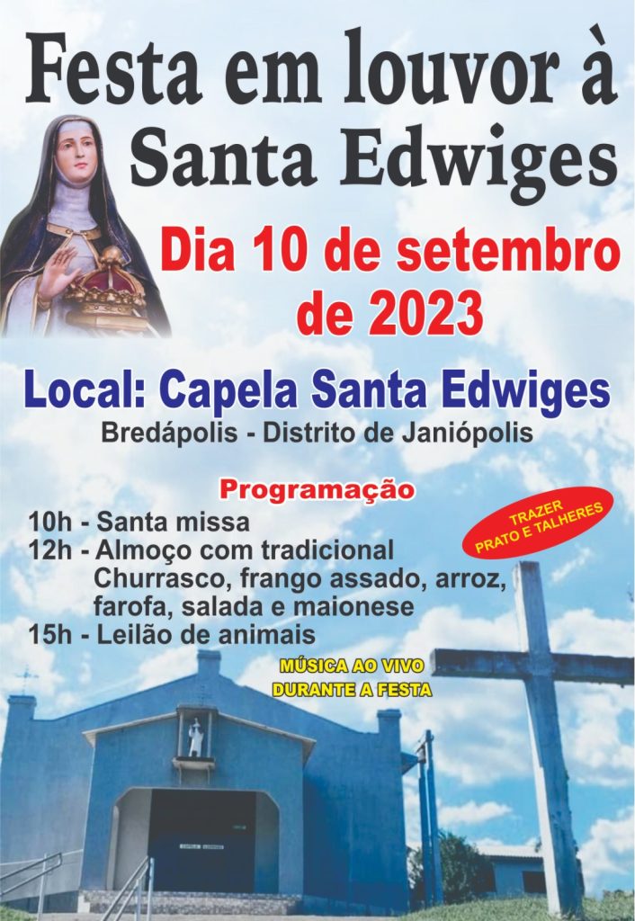 “Festa da Capela Santa Edwiges” de Bredápolis será no dia 10 de